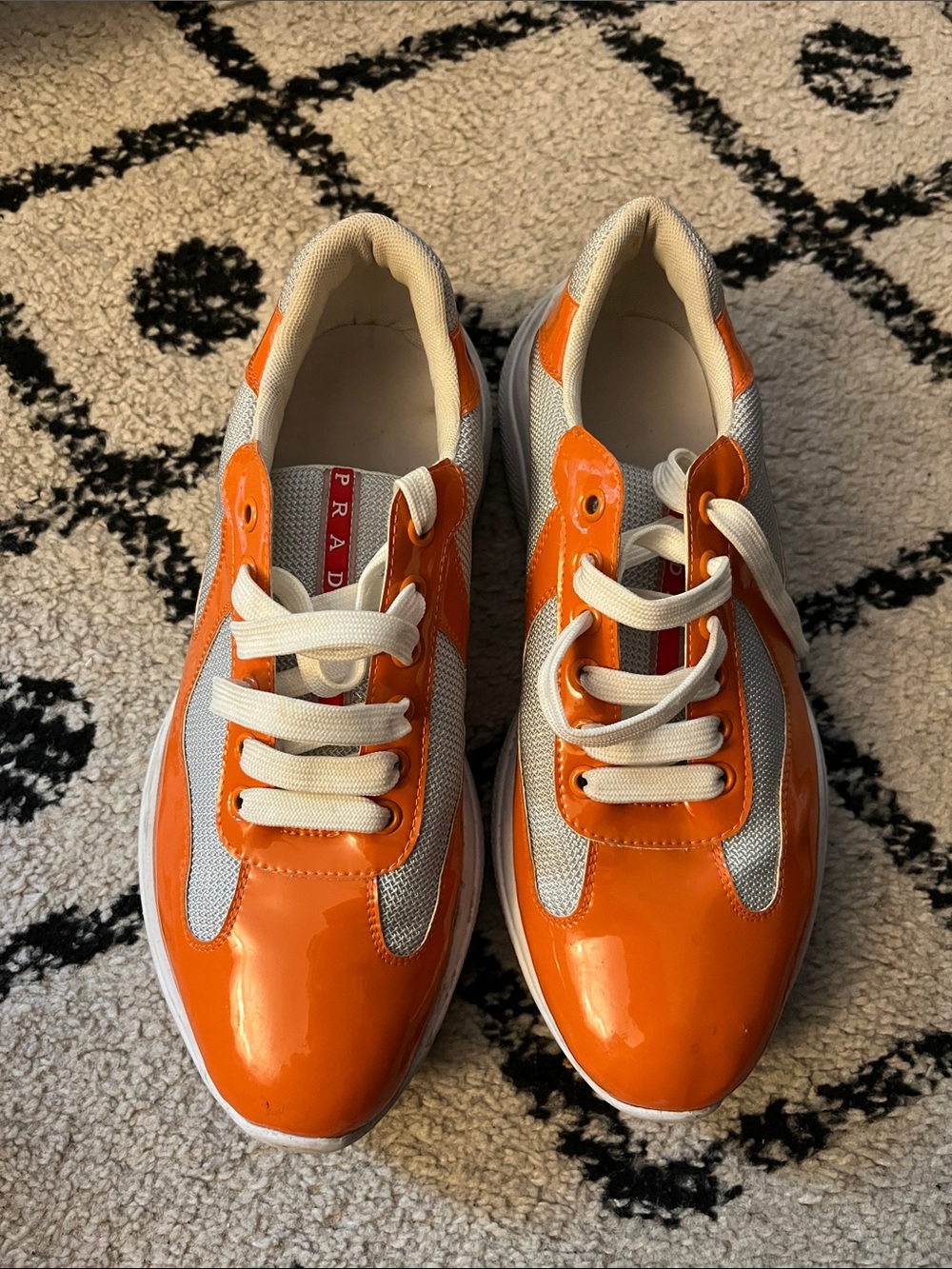Prada Orange Patent Leather & Gray Mesh Sneakers - Picture 1 of 2
